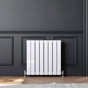 ELEGANT White Horizontal Radiator Double Flat Panel 600x608mm Designer Heater with White Thermostatic Radiator Valves