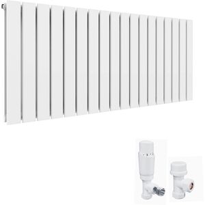ELEGANT 600 x 1360 mm Designer Horizontal Radiator White Double Flat Panel Bathroom Radiators Modern Panel Heaters + White Thermostatic Radiator