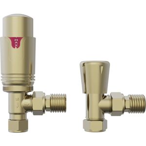 NRG Brushed Brass Angled TRV Thermostatic & Lockshield Radiator Valves 15mm x 1/2