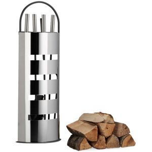 Relaxdays 5-Piece Fireplace Companion Set Steel Utility Accessories, Stand, Tongs, Shovel, Poker and Broom, Gray-Silver