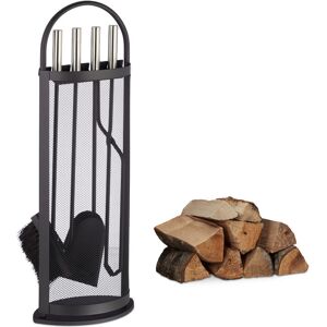 Relaxdays - 5-Piece Fireplace Companion Set Steel Utility Accessories, Modern, Stand, Tongs, Shovel, Poker & Broom, Black