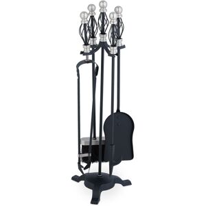 Relaxdays - Fireplace Tool Set, 5-pieces, Poker, Ash Shovel, Broom, Stand, Tongs, Iron, Sturdy Base, Baroque, Black/Silver
