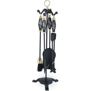 Relaxdays - Fireplace Tool Set, 5-pieces, Poker, Ash Shovel, Broom, Stand, Tongs, Iron, Sturdy Base, Baroque, Black/Gold