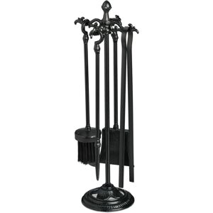 Relaxdays - Fireplace Tool Set, 5-pieces, Poker, Ash Shovel, Stove Broom, Tongs & Stand, Fire Place Accessories, Black