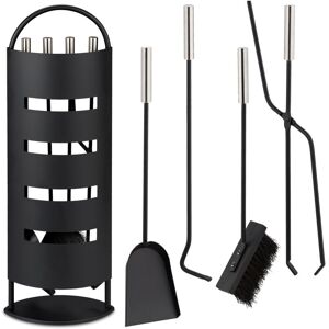 Relaxdays - Fireplace Tools, 5-Piece Companion Set with Stand, Poker, Tongs, Dustpan & Brush, Accessories, Black/Silver