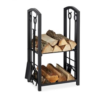 Relaxdays - Firewood Rack with Companion Tools, 2 Tiers, Steel, 4-Piece Accessory Set, Shovel, Broom, Tongs & Poker, Black
