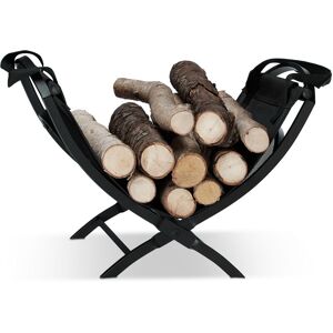 Relaxdays - Log Cradle with Tote Bag, Folding, Steel, Magazine Rack, HxWxD: 32 x 43.5 x 32 cm, Black