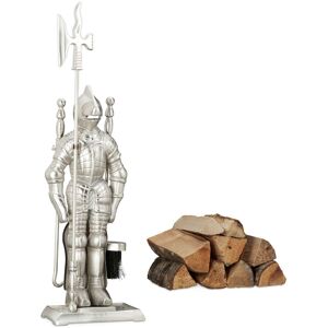 Relaxdays - Modern Cast Iron Fire Irons. 4-Piece Fireplace Companion Set with Shovel, Broom, Poker and Rack, Silver