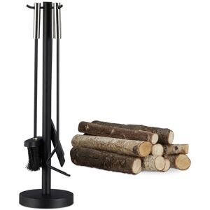 Relaxdays - Modern Steel Fire Irons. 4-Piece Fireplace Companion Set with Shovel, Broom, Poker and Rack, Black