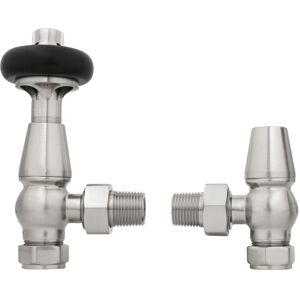 NRG Traditional Antique Design TRV Thermostatic Brass Angled Radiator Valves Pair Satin Nickel