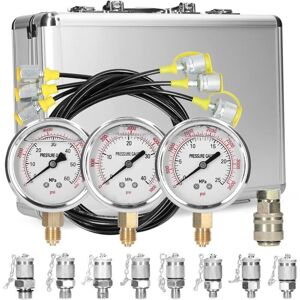SNQ Hydraulic pressure test kit for excavators, includes 9 fittings, 3 test hoses, 3 pressure gauges (3600 PSI, 5800 PSI, 8700 PSI) SNQ Hydraulic pressure test kit for excavators, includes 9 fittings, 3 test hoses, 3 pressure gauges (3600 PSI, 5800 PSI, 8700 PSI)