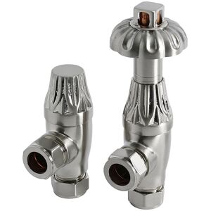 Windsor - Traditional Antique Style Angled Heated Towel Rail Radiator Thermostatic Valves Pair - Satin Nickel - Milano Windsor - Traditional Antique Style Angled Heated Towel Rail Radiator Thermostatic Valves Pair - Satin Nickel - Milano