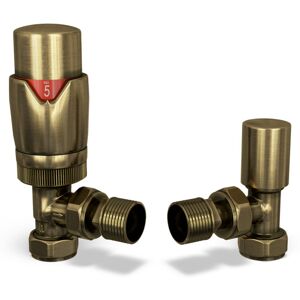UK RADIATORS Stirling Bold - Antique Brass Thermostatic Radiator Valve & Lockshield Angled 15mm UK RADIATORS Stirling Bold - Antique Brass Thermostatic Radiator Valve & Lockshield Angled 15mm