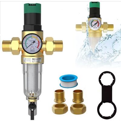 SANS MARQUE Backwash filter with pressure reducer and pressure gauge, 3/4 inch interface, adjustable & reusable, easy installation, 40-100µm filtration accuracy, SANS MARQUE Backwash filter with pressure reducer and pressure gauge, 3/4 inch interface, adjustable & reusable, easy installation, 40-100µm filtration accuracy,