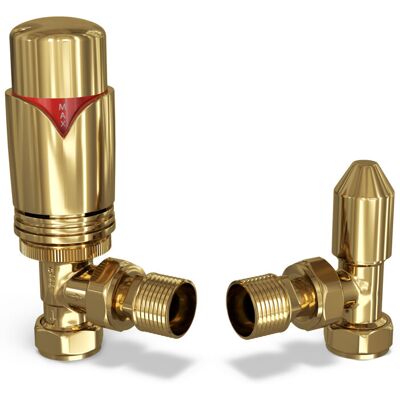 UK RADIATORS Derry Bold - Polished Brass Thermostatic Radiator Valve & Lockshield Angled 10mm UK RADIATORS Derry Bold - Polished Brass Thermostatic Radiator Valve & Lockshield Angled 10mm