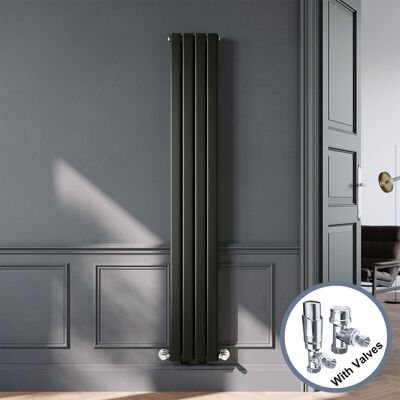 Black Designer Vertical Radiator Double Panel Rads 1800 x 272mm with Chrome Angled Thermostatic Radiator Valves - Elegant Black Designer Vertical Radiator Double Panel Rads 1800 x 272mm with Chrome Angled Thermostatic Radiator Valves - Elegant
