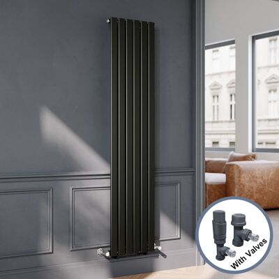 Elegant - Black Flat Panel Central Heating Radiator with Anthracite Angled Thermostatic Radiator Valves 1800 x 408mm Vertical Single Panel Rads Elegant - Black Flat Panel Central Heating Radiator with Anthracite Angled Thermostatic Radiator Valves 1800 x 408mm Vertical Single Panel Rads