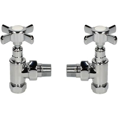 Kartell Pair Of Traditional Cross Head Radiator Angled Valves Chrome on Brass Kartell Pair Of Traditional Cross Head Radiator Angled Valves Chrome on Brass