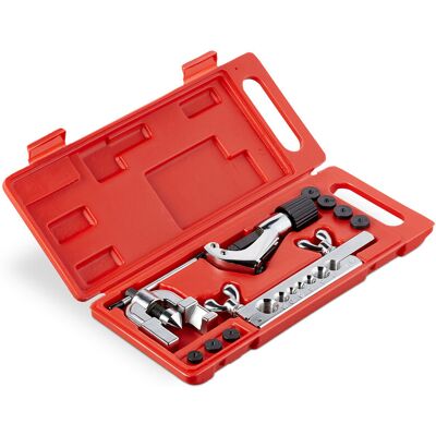 Relaxdays Flaring Tool, Set with Pipe Cutter, 5 - 16 mm, Brake Tube Kit, for Copper & Aluminium Pipes, Silver/Black/Red Relaxdays Flaring Tool, Set with Pipe Cutter, 5 - 16 mm, Brake Tube Kit, for Copper & Aluminium Pipes, Silver/Black/Red
