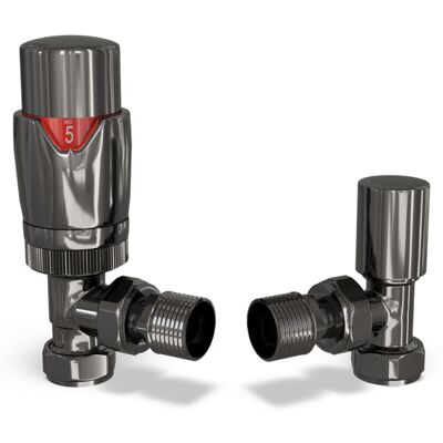 UK RADIATORS Stirling Bold - Black Nickel Thermostatic Radiator Valve & Lockshield Angled 15mm UK RADIATORS Stirling Bold - Black Nickel Thermostatic Radiator Valve & Lockshield Angled 15mm