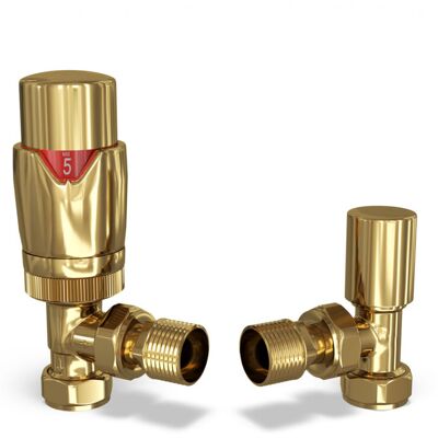 UK RADIATORS Stirling Bold - Polished Brass Thermostatic Radiator Valve & Lockshield Angled 10mm UK RADIATORS Stirling Bold - Polished Brass Thermostatic Radiator Valve & Lockshield Angled 10mm