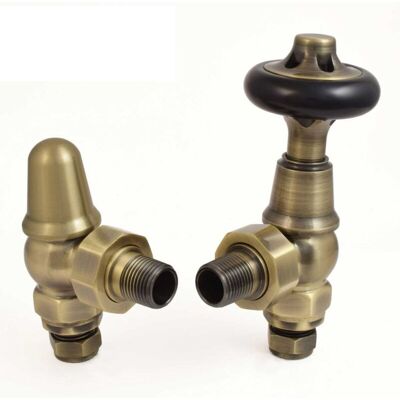 West - Admiral Angled Thermostatic Radiator Valve and Lockshield - Antique Brass West - Admiral Angled Thermostatic Radiator Valve and Lockshield - Antique Brass