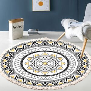 Denuotop - Carpet Living Room Hand Woven Cotton Round Rug Mandala Pattern Bohemian Vintage Style With Tassels Machine Washable For Bedroom Hallway