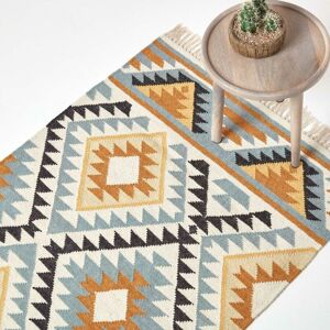 Homescapes - Agra Handwoven Ochre Gold, Silver Grey and Black Diamond Pattern Kilim Wool Rug, 120 x 170 cm - Multi Colour