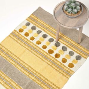 Cotton Chenille Striped Tufted Circle Rug Grey Mustard Yellow 60 x 100cm - Yellow - Homescapes