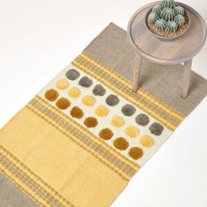 Homescapes - Cotton Chenille Striped Tufted Circle Rug Grey Mustard Yellow 66 x 200cm - Yellow