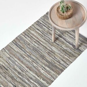 Homescapes - Denver Leather Woven Rug Grey Hall Runner - Grey