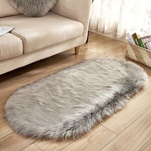 Livingandhome - Oval Faux Fur Sheepskin Floor Rug, Grey 60x900CM