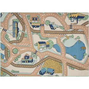 RUGSX REBEL ROADS CARPET Playtime 32 Small town, non-slip for children - beige / green multicolour 140x200 cm