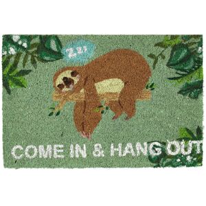 Coir Doormat for Indoors & Outdoors, Come in and Hang out with Sloth, Non-Slip, HxW: 60x40 cm, Green/Brown - Relaxdays