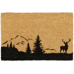 Relaxdays - Coir Doormat Indoor & Outdoor, Deer, Trees and Mountains, Entrance Rug, Non-Slip, HxW: 60x40 cm, Natural/Black