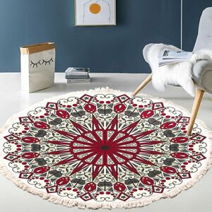 Rhafayre - Rug Living Room Hand Woven Cotton Round Rug Mandala Pattern Bohemian Vintage Style With Pompoms Machine Washable For Bedroom Hallway