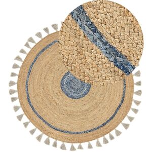 Beliani - Boho Area Rug Jute ø 140 cm Round Handwoven with Decorative Tassels Living Room Beige and Blue Obakoy