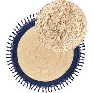 Beliani - Boho Rustic Area Rug Round 140 cm Natural Jute Handmade Braided Beige and Dark Blue Marts