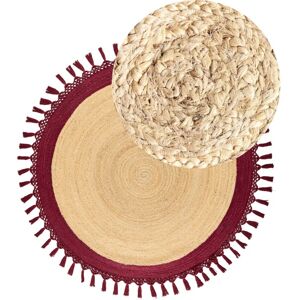 Beliani - Boho Rustic Area Rug Round 140 cm Natural Jute Handmade Braided Beige and Red Marts