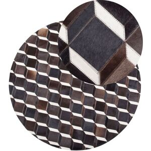Beliani - Round Cowhide Leather Area Rug Brown Beige 3D Pattern ø140 cm Alpkoy