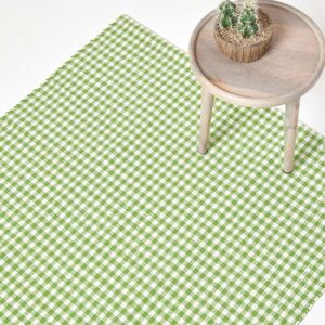 HOMESCAPES Cotton Gingham Check Rug Hand Woven Green White, 60 x 90 cm