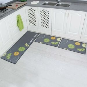 Dewdat - Set of 2 Non-Slip Kitchen Mats with Rubber Backing and Lemon Pattern Floor Mat (Gray 15x47 + 15x23)
