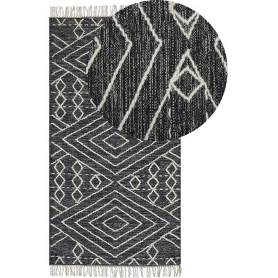 Beliani Rug Off-White Black Cotton Wool - Rug Beliani Rug Off-White Black Cotton Wool - Rug