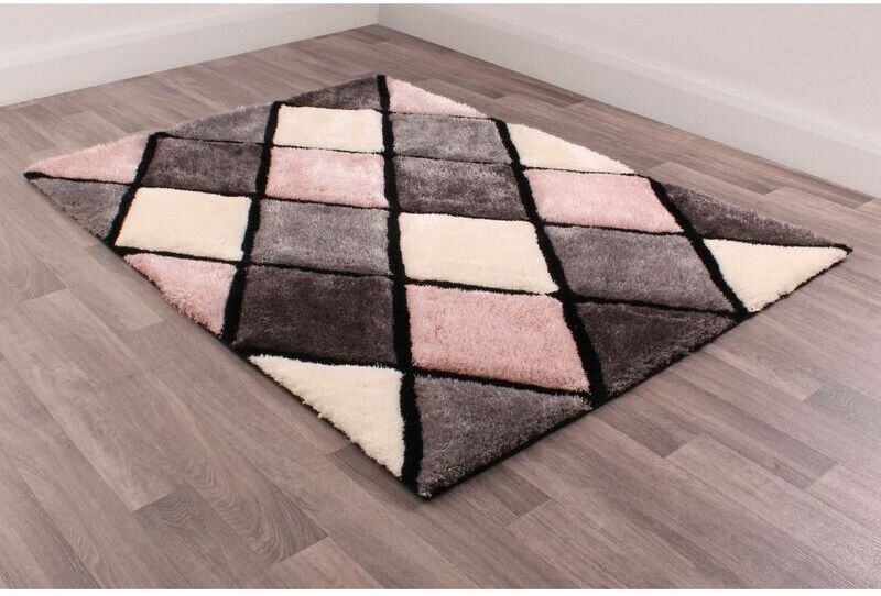 LORD OF RUGS 3D Carved Diamond Super Soft Silky Shaggy Rug Blush Pink Large Carpet 160 x 225 cm (5'3"x7'4")