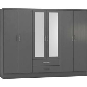 SECONIQUE Nevada 6 Door 2 Drawer Mirrored Wardrobe in 3D Effect Grey Finish