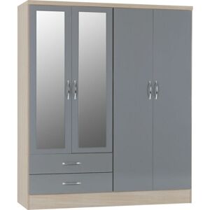Seconique - Nevada 4 Door 2 Drawer Mirrored Wardrobe in Grey Gloss and Oak Effect Finish
