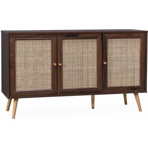 SWEEEK Wooden and cane rattan detail sideboard with 3 doors, 2 shelves, Scandi-style legs, 120x39x70cm - Boheme - Dark wood colour - Dark wood colour