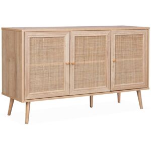 SWEEEK Wooden and cane rattan detail sideboard with 3 doors, 2 shelves, Scandi-style legs, 120x39x70cm - Boheme - Natural wood colour - Natural