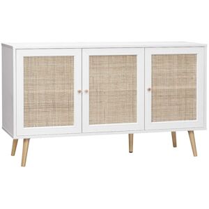 SWEEEK Wooden and cane rattan detail sideboard with 3 doors, 2 shelves, Scandi-style legs, 120x39x70cm - Boheme - White - White