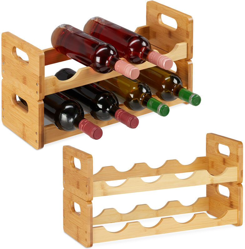 Relaxdays - 2 x Wine Rack, Compact Wine Storage For 8 Bottles, Bamboo Bottle Shelf, hwd 24 x 47 x 18 cm, Natural Wood